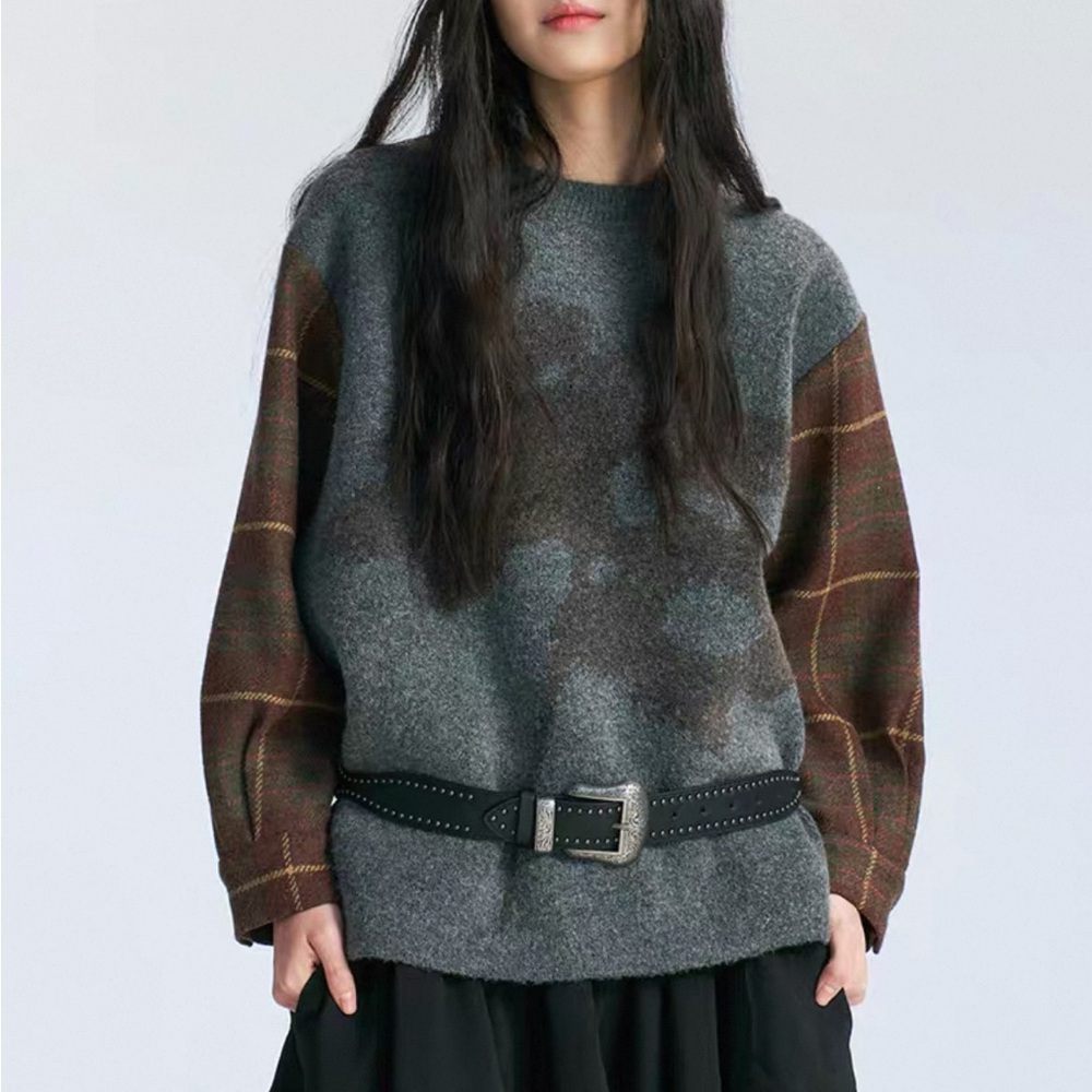 Gray and Brown Plaid Sleeve Sweater